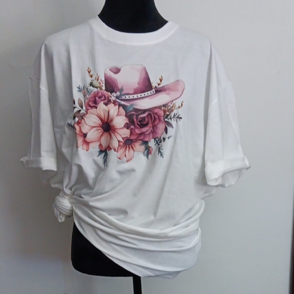 Floral Cowboy Hat Graphic White Tee - Picture 1 of 2